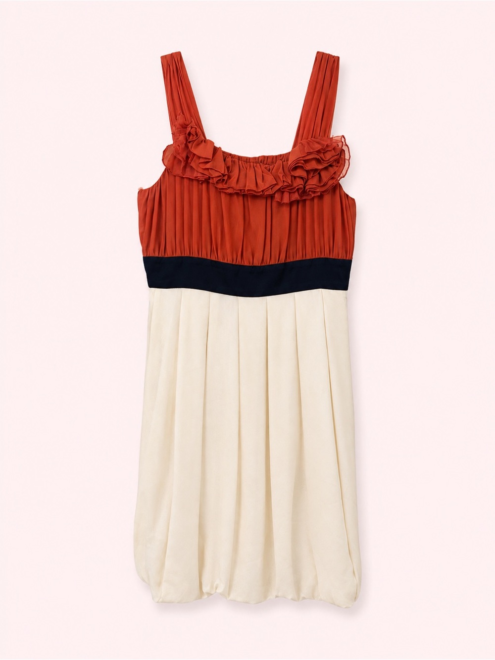 BCBG Rust Red and Cream Ruffle-Trim Dress